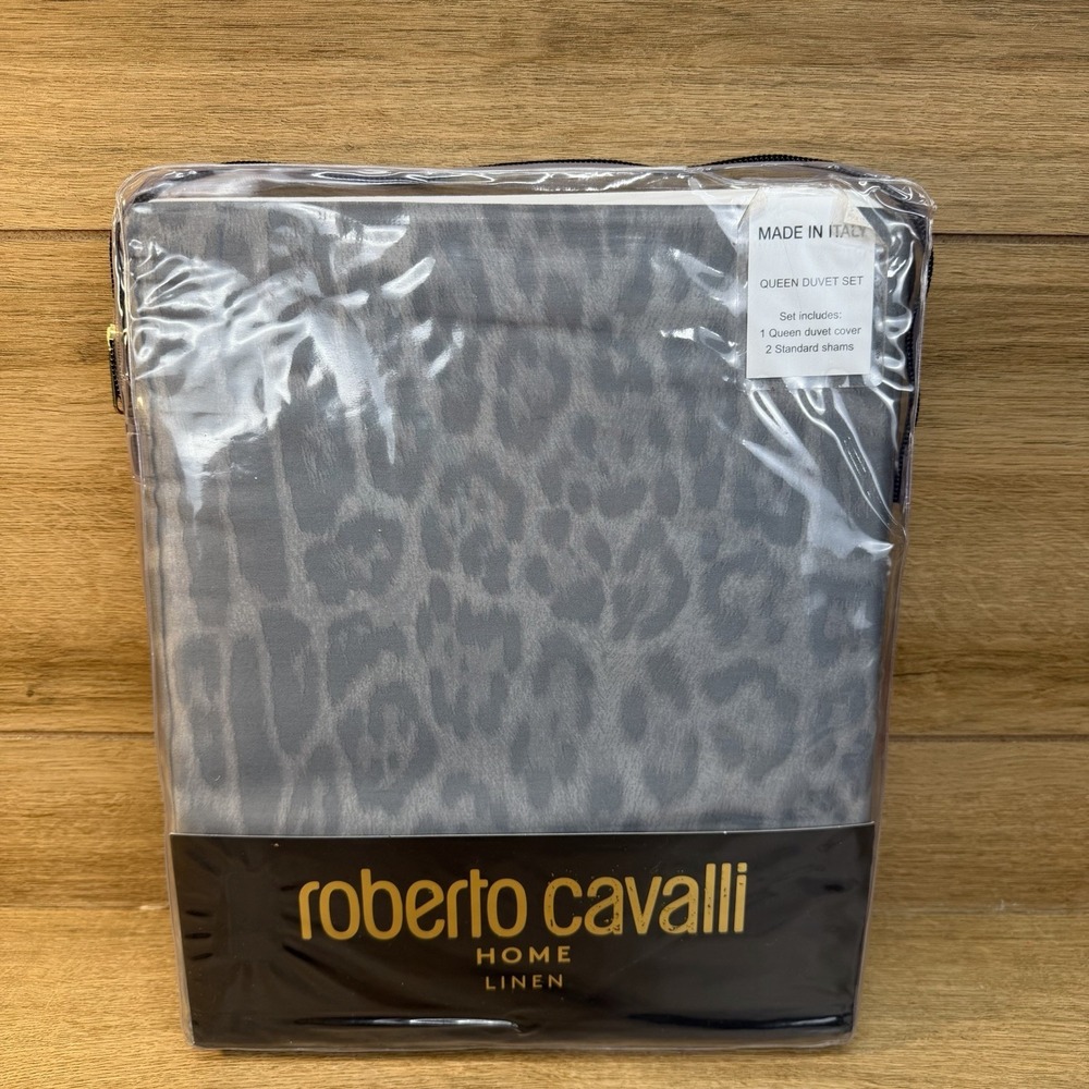 Roberto Cavalli QUEEN Duvet Cover Set 3pc Grey Gray Leopard Print Luxury Bedding - Picture 5 of 6